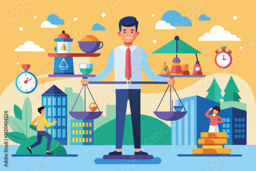 A person balances work and life with various tools, showcasing harmony in a colorful urban environment, Work life balance Customizable Semi Flat Illustration