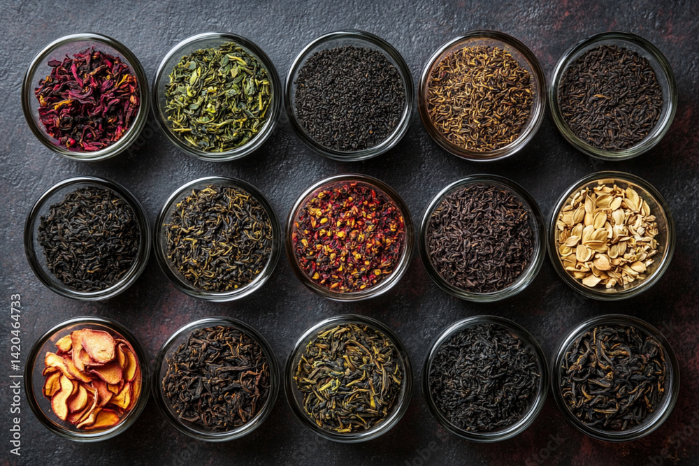 diverse collection of cultivated tea varieties, each with its own distinct flavor profile and appearance diverse collection of cultivated tea varieties, each with its own distinct flavor profile and appearance
