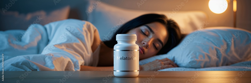 container with capsules, inscription melatonin, a girl is sleeping in the background