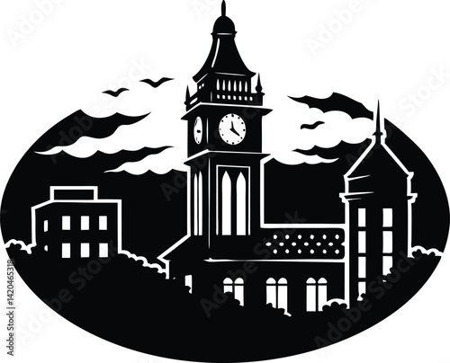Silhouette of Clock tower in city