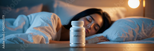 Obraz na płótnie container with capsules, inscription melatonin, a girl is sleeping in the background w salonie