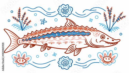 This illustration depicts a fish with a distinct design in orange and blue tones, surrounded by water elements and flowers.