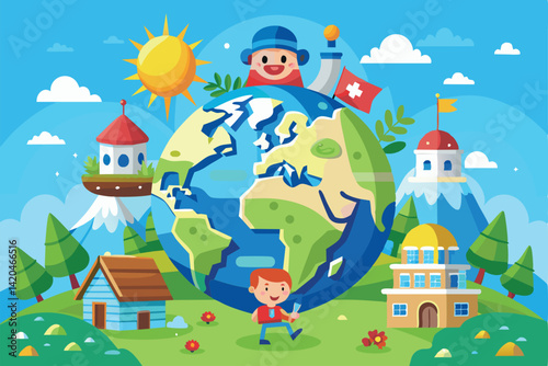 A cheerful child explores a vibrant cartoon world with diverse landscapes, including houses and mountains, World Customizable Cartoon Illustration