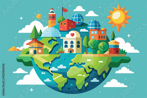 Creative artistic representation of a diverse, customizable world with unique buildings and scenery, World Customizable Disproportionate Illustration