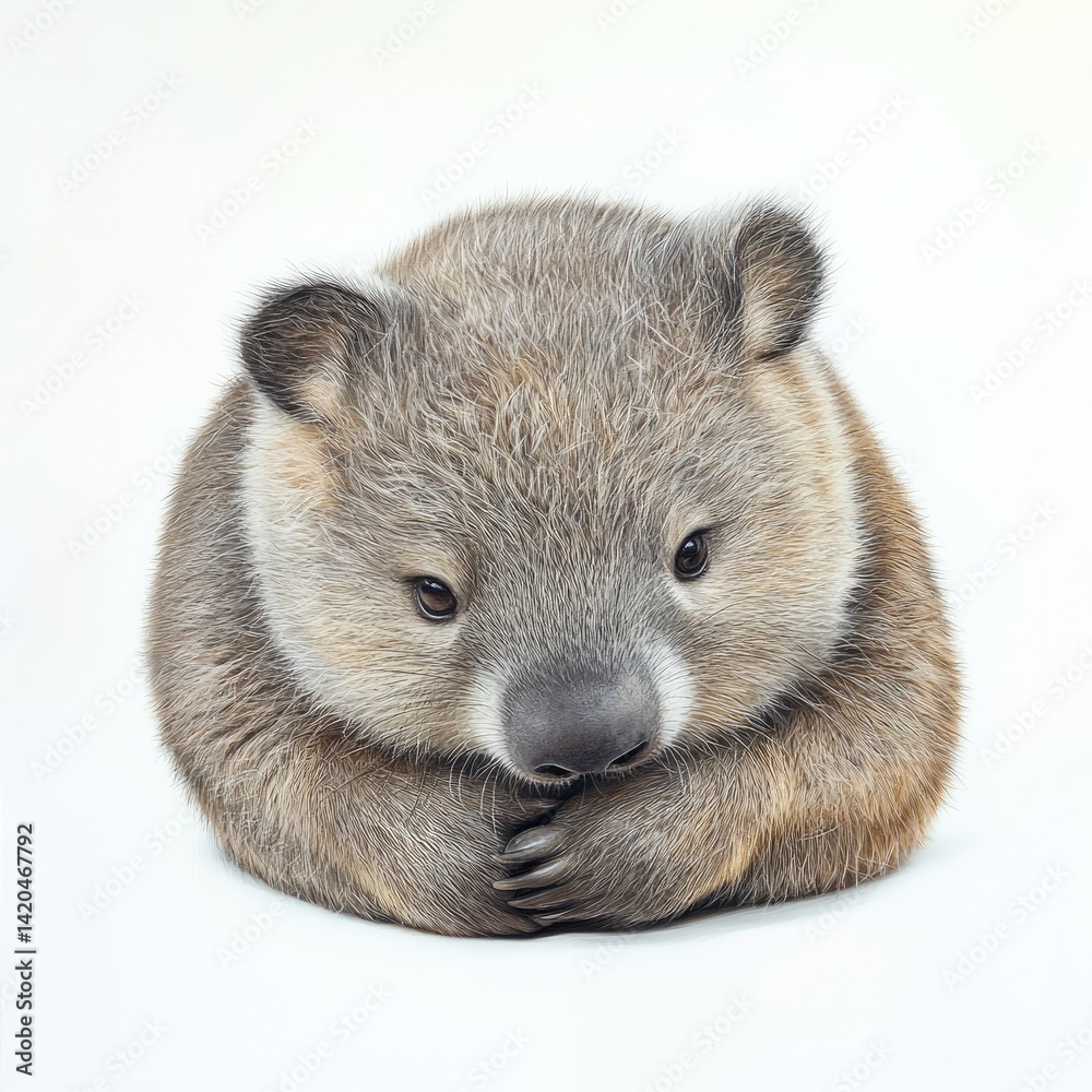 Fototapeta premium Close up of a baby wombat curled up on a white background looking adorable and very photogenic