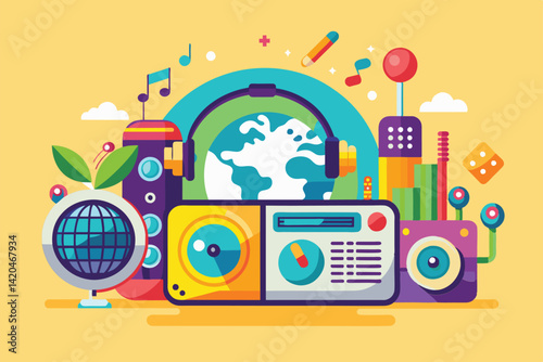 A colorful representation of World Radio Day highlights music, global connectivity, and celebration, World radio day Customizable Flat Illustration