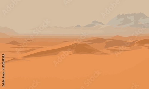 Desert background, mountains border vector illustration. Aesthetic beige and sand dunes background. Beige and sand dune background with copy space. Sand dunes in Sahara Desert of golden sand dunes.
