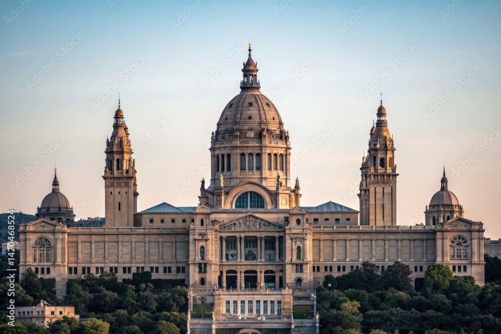 Obraz premium Grand Building With Dome and Towers at Sunset Generative AI