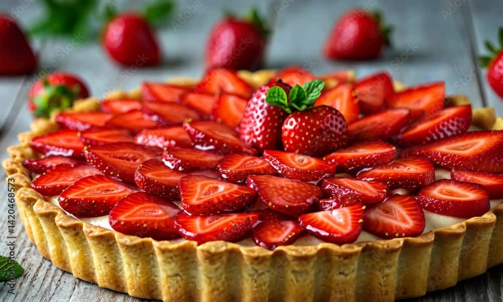 Delicious strawberry tart with fresh berries and mint garnish, on wooden table