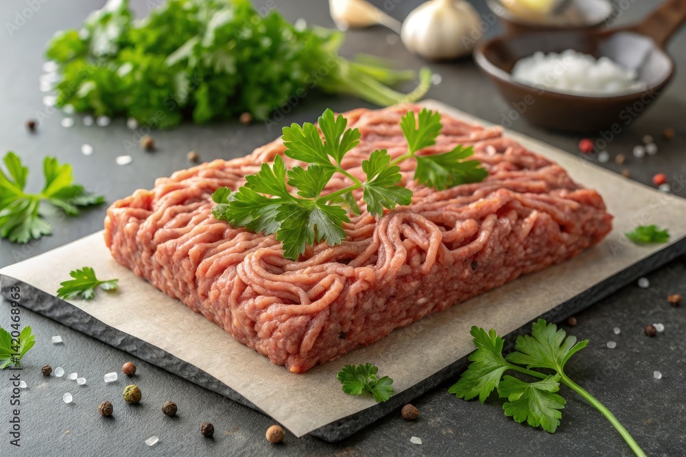 Ground Meat With Fresh Parsley Ready for Cooking Generative AI Ground Meat With Fresh Parsley Ready for Cooking Generative AI