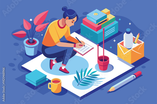 A person is writing a personalized letter in a comfortable workspace surrounded by plants and stationery, Writing a letter Customizable Isometric Illustration