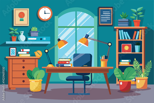This cartoon depicts a bright writing room filled with plants, books, and a spacious desk for creativity, Writing room Customizable Cartoon Illustration