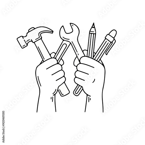 Cartoon hand holding tools, pen, and pencil, symbolizing various professions for Labor Day. Strong and unified design, isolated on white background. Tribute to workers of all kinds.

