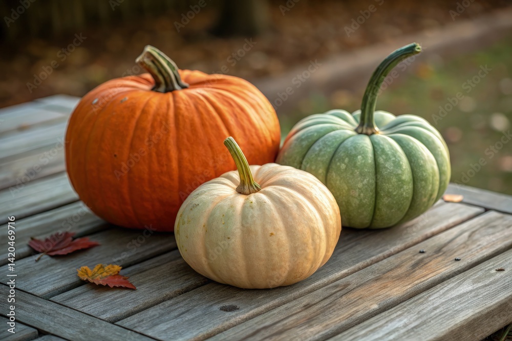 Three Pumpkins Arranged on a Wooden Table in Autumn Setting Generative AI Three Pumpkins Arranged on a Wooden Table in Autumn Setting Generative AI
