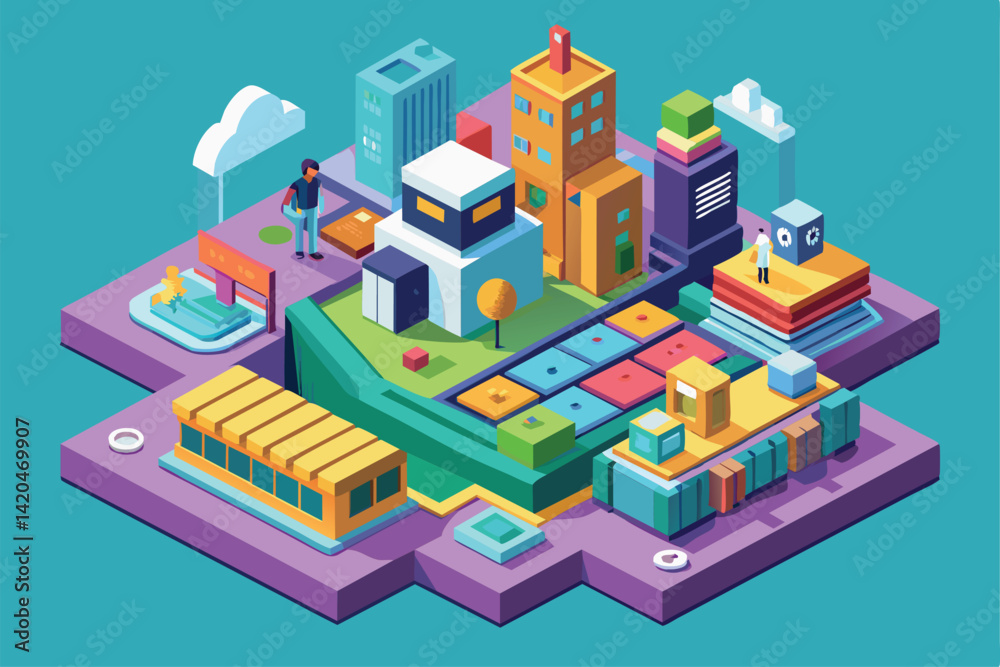 A colorful urban layout features various buildings, greenery, and people engaged in everyday activities, Www Customizable Isometric Illustration A colorful urban layout features various buildings, greenery, and people engaged in everyday activities, Www Customizable Isometric Illustration