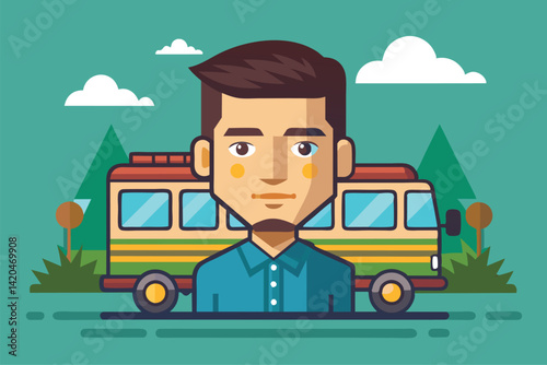 A young man stands before a vibrant van surrounded by trees and clouds, exuding a sense of adventure, Www Customizable Semi Flat Illustration
