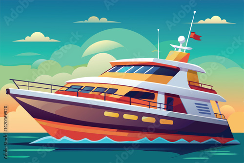 A colorful yacht glides smoothly over calm waters as the sun sets, surrounded by soft clouds, Yacht Customizable Cartoon Illustration