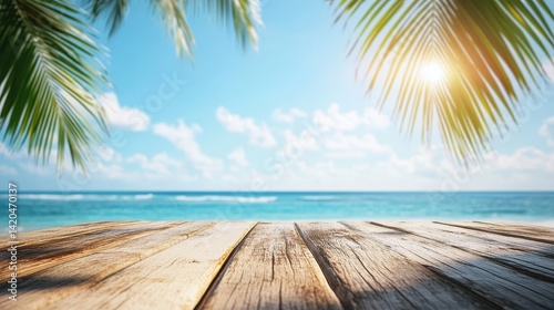 Sunny Summer Vista: Rustic Wood Table Against Blue Sky with Blurred Palm Leaf & Serene Sea Background