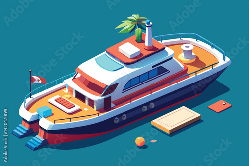 A detailed isometric illustration showcasing a customizable yacht with vibrant colors and tropical elements, Yacht Customizable Isometric Illustration