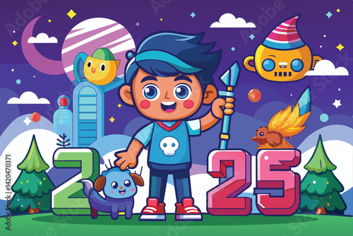 A cheerful boy holds a spear while surrounded by playful animals and colorful elements in 2025â€™s theme, Year 2025 Customizable Cartoon Illustration