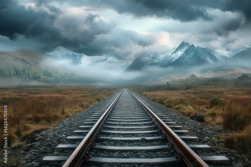 Fototapeta premium Tracks of Adventure: Scenic Railway Pathway Toward Misty Mountain Peaks Under a Cloudy Sky
