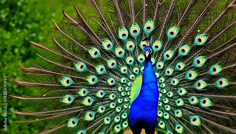 Naklejka premium Vibrant Peacock Displaying Its Colorful Feathered Tail in Nature