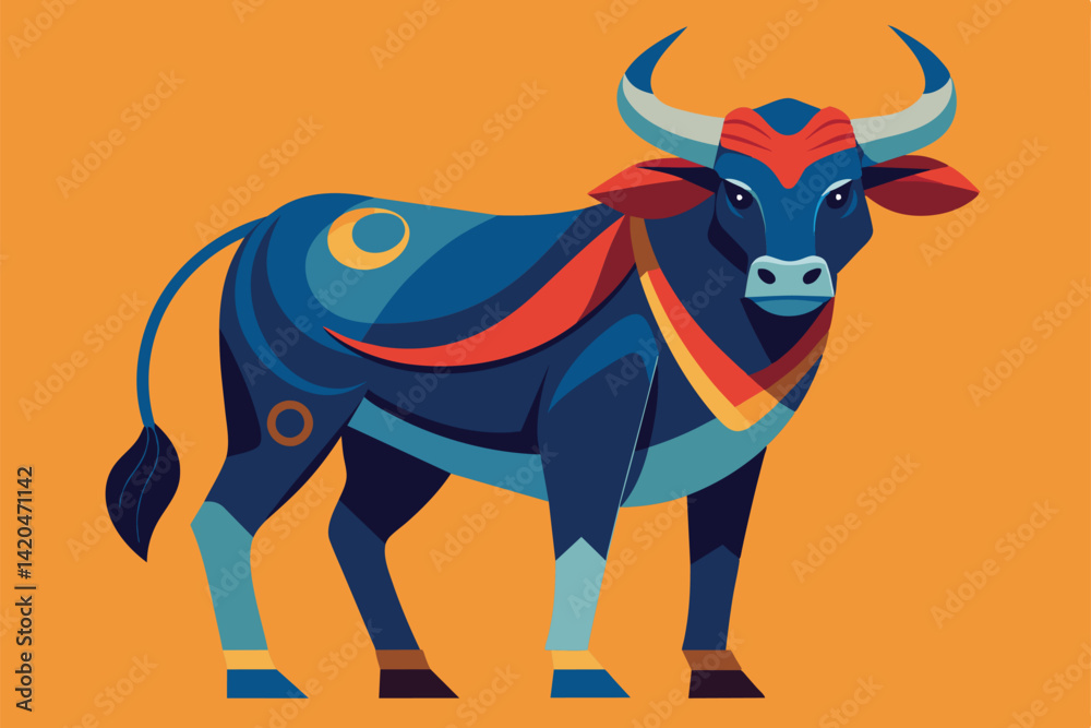 Obraz premium A colorful illustration of a blue ox adorned in traditional patterns, symbolizing the Year of the Ox, Year of the ox Customizable Semi Flat Illustration