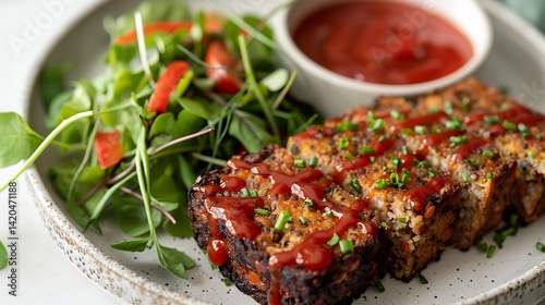 Vegan lentil loaf slices ketchup glaze plated on white surface with a side of greens