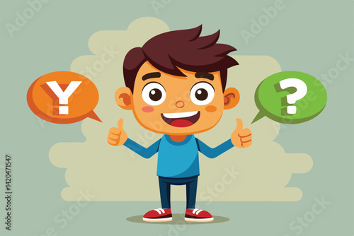A happy child stands with thumbs up, surrounded by colorful speech bubbles asking yes or no, Yes or no Customizable Cartoon Illustration