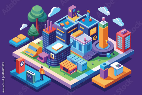 A lively isometric illustration features diverse buildings, vehicles, and trees in a bustling city environment, Yes or no Customizable Isometric Illustration
