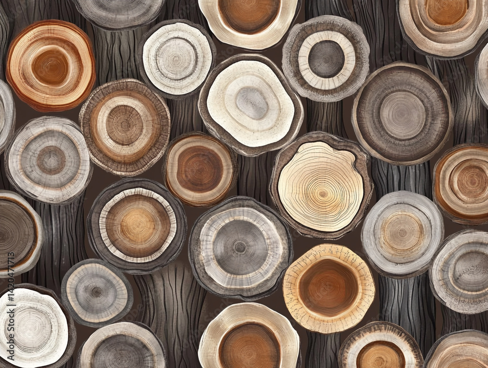 A pattern of tree trunk cross-sections in different sizes and colors, revealing growth rings and natural textures in an organic, layered arrangement. A pattern of tree trunk cross-sections in different sizes and colors, revealing growth rings and natural textures in an organic, layered arrangement.