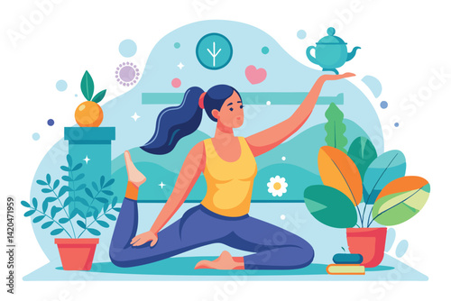 A person performs a yoga pose while balanced with a tea kettle, surrounded by plants and natural light, Yoga practice Customizable Semi Flat Illustration