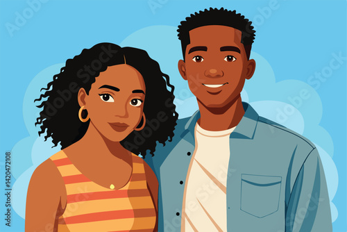 A young African American couple is smiling and posing together in casual outfits under a blue sky, Young African American couple in casual clothes standing together
