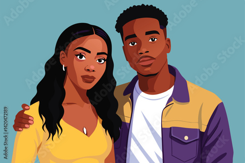 A young African American couple dressed casually smiles while standing close to each other, enjoying their time, Young African American couple in casual clothes standing together