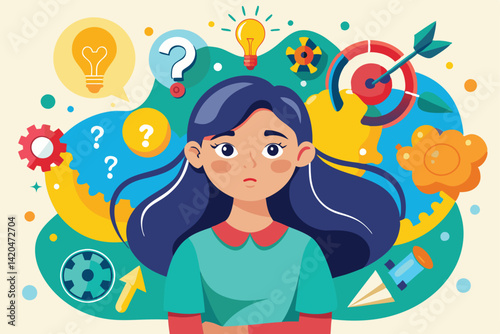 A thoughtful young girl examines various techniques for personal growth, surrounded by colorful symbols, Young girl evaluates ways and strategies of development,