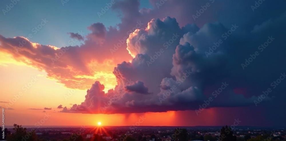 Fototapeta premium Massive cumulonimbus clouds dominate a stormy sunset sky , digital, epic sky