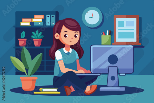 A young girl is sitting at a computer, diligently studying in her colorful home workspace surrounded by plants, Young girl near computer,