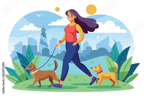 A young girl walks two dogs happily through a green park with city skyline in the background, Young girl on walk with dogs, active lifestyle,