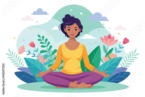 A young girl sits in a lotus position, meditating peacefully amidst vibrant plants and flowers, Young girl sitting in lotus position at hand,
