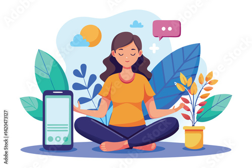 A young girl sits in a lotus position, meditating beside a smartphone and colorful plants under a bright sky, Young girl sitting in lotus position near smartphone