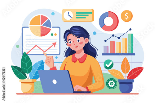 A young girl analyzes charts and graphs on her laptop while conducting marketing research at her desk, Young girl with charts conduct marketing research,