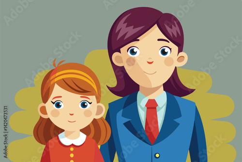 A young girl stands beside a woman in a suit, both smiling warmly at a gathering or event, Young girl with kid or in suit,