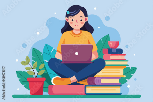 A young girl sits cross-legged, focused on her laptop, surrounded by colorful books and a plant, Young girl with laptop sitting at stack of books,