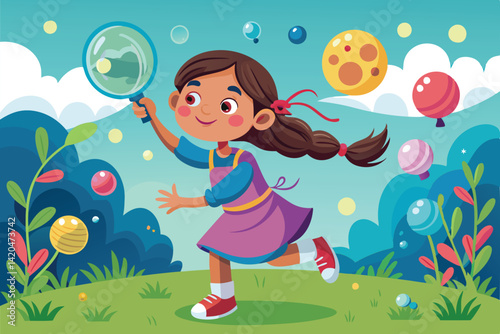 A young girl gleefully runs with a magnifying glass, chasing vibrant soap bubbles in a green park, Young girl with soap bubbles,