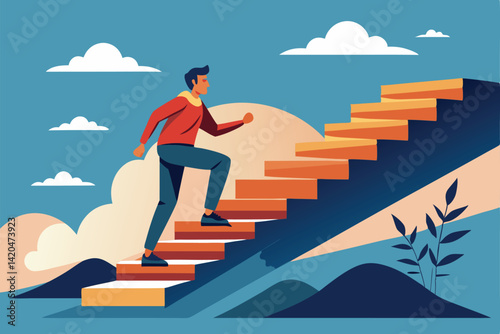 A young guy ascends colorful steps against a tranquil backdrop, symbolizing progress and motivation, Young guy climing at steps, Motivation,
