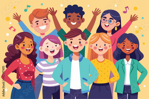 A diverse group of young individuals shares laughter and happiness in a vibrant setting filled with music, Young guys and girls with moods and feelings,