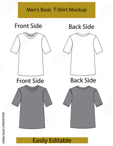 Basic T-Shirt Flat Sketch Technical Drawing Vector  Mockup, easily editable.