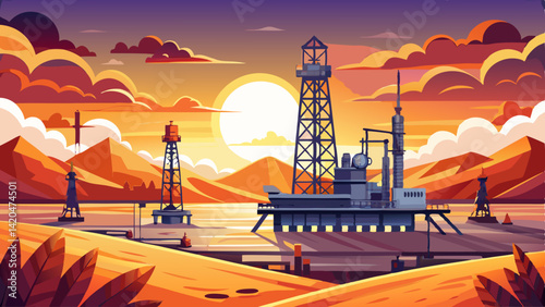 Majestic Sunset Over Oil Drilling Rig - Industrial Landscape Photography