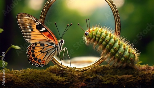A caterpillar looking into a mirror and seeing a butterfly—self-transformation.
