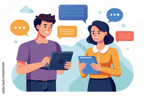 A young man and woman share a lively conversation using their devices, engaging through speech bubbles, Young man and woman with speech bubbles on device screens,